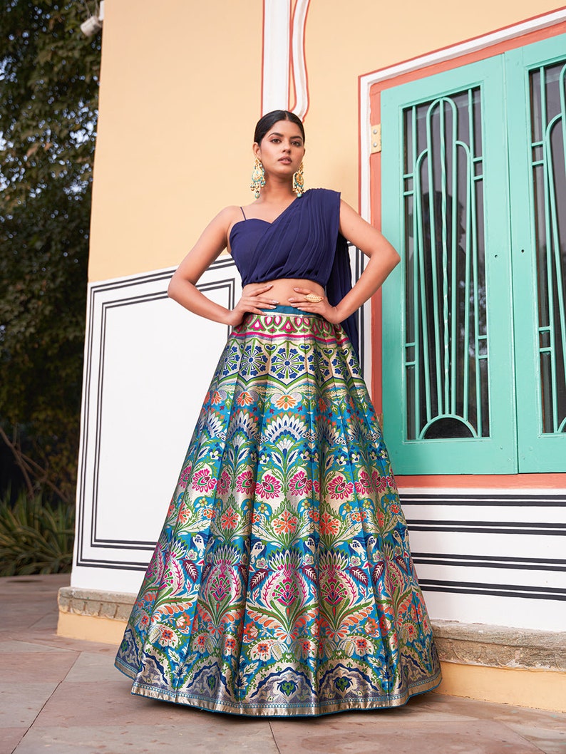 Blue Designer banarasi silk Lehenga Choli for Wedding with zari weaving work