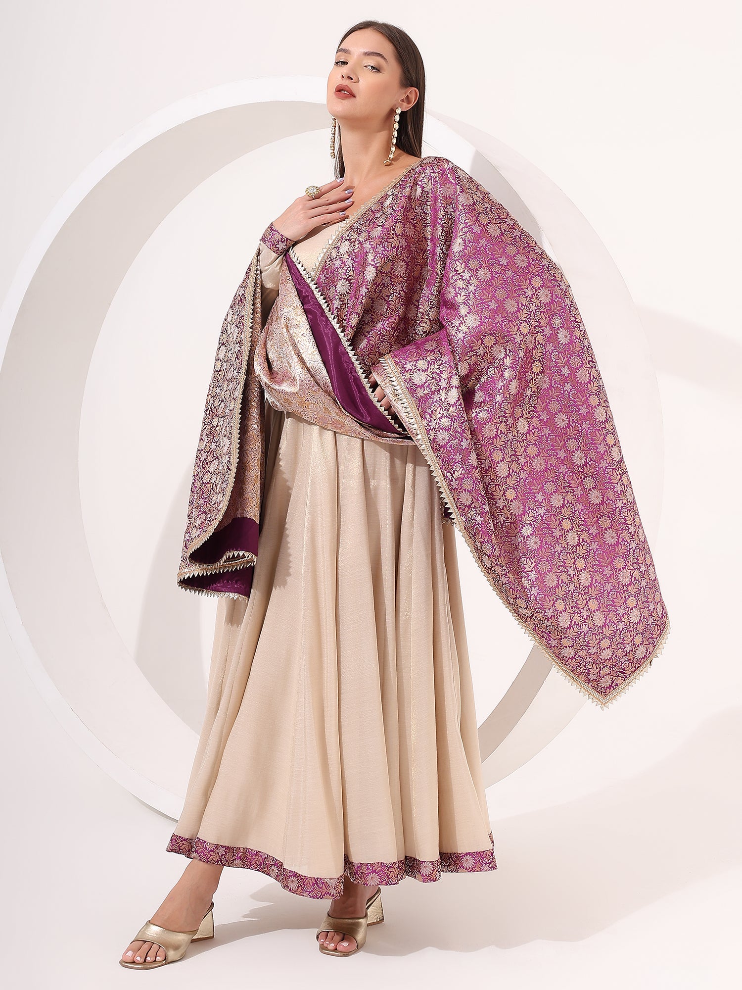 Golden Tissue Anarkali Suit with Brocade Dupatta - qivii