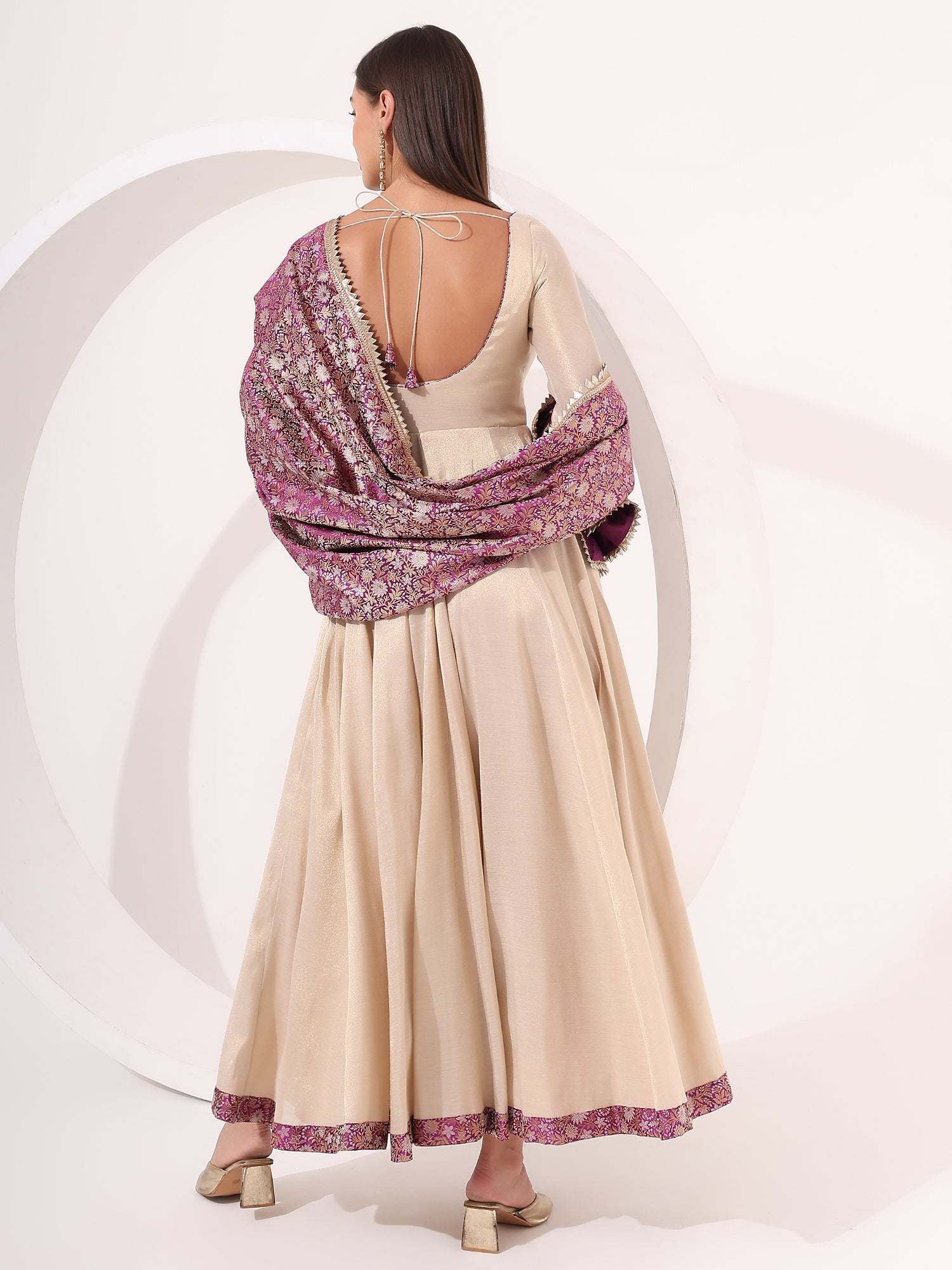 Golden Tissue Anarkali Suit with Brocade Dupatta - qivii