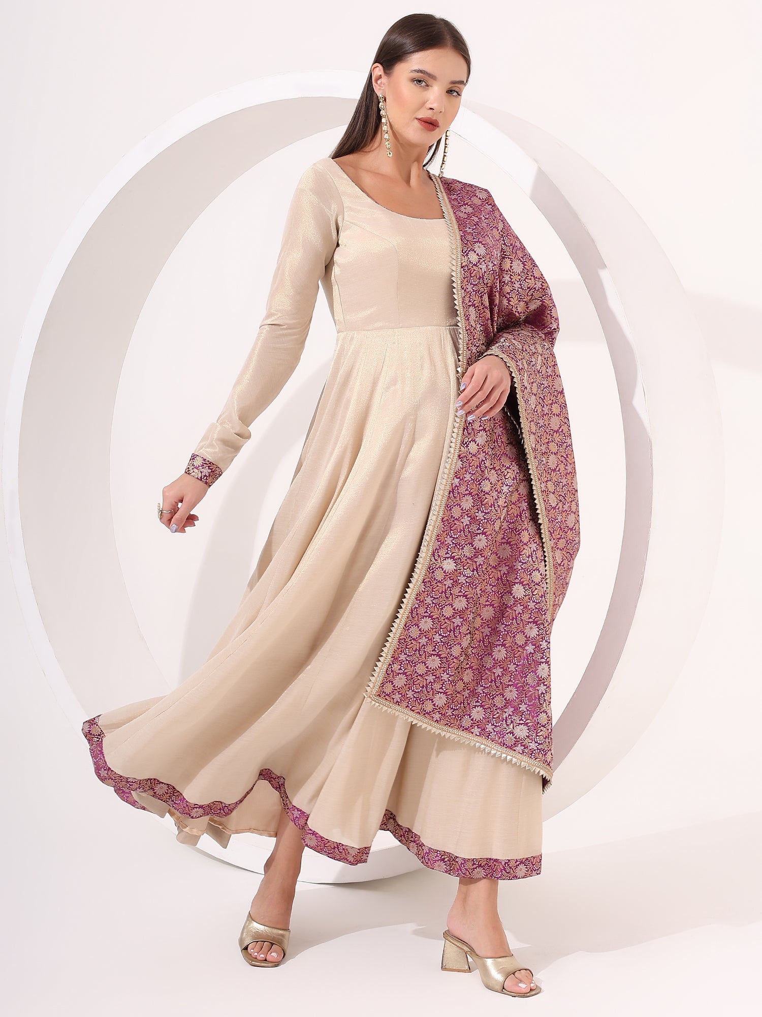 Golden Tissue Anarkali Suit with Brocade Dupatta - qivii