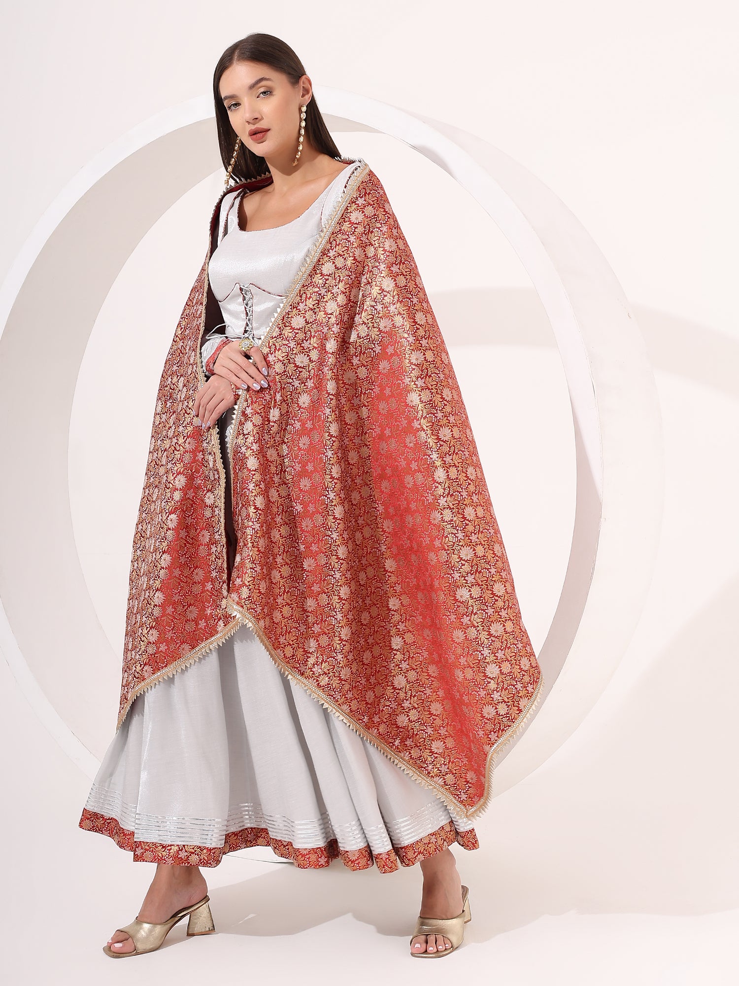 Silver Tissue Anarkali Suit with Brocade Dupatta - qivii