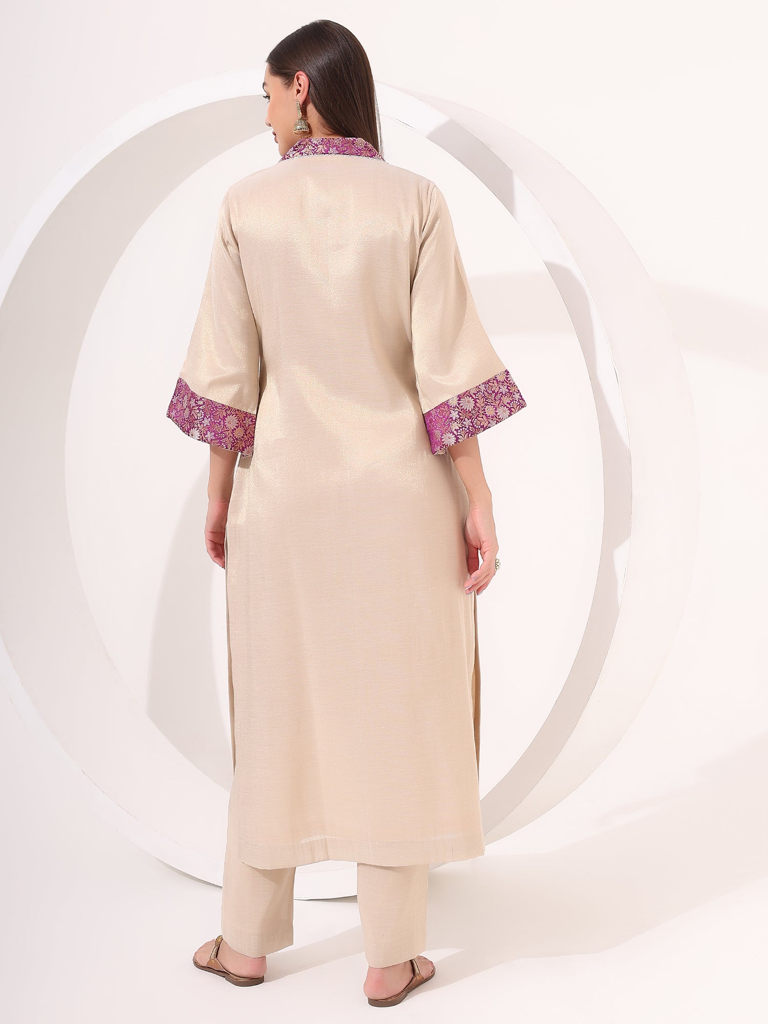 Golden Tissue Straight Kurta Set Suit With Brocade Patch Highlight - qivii