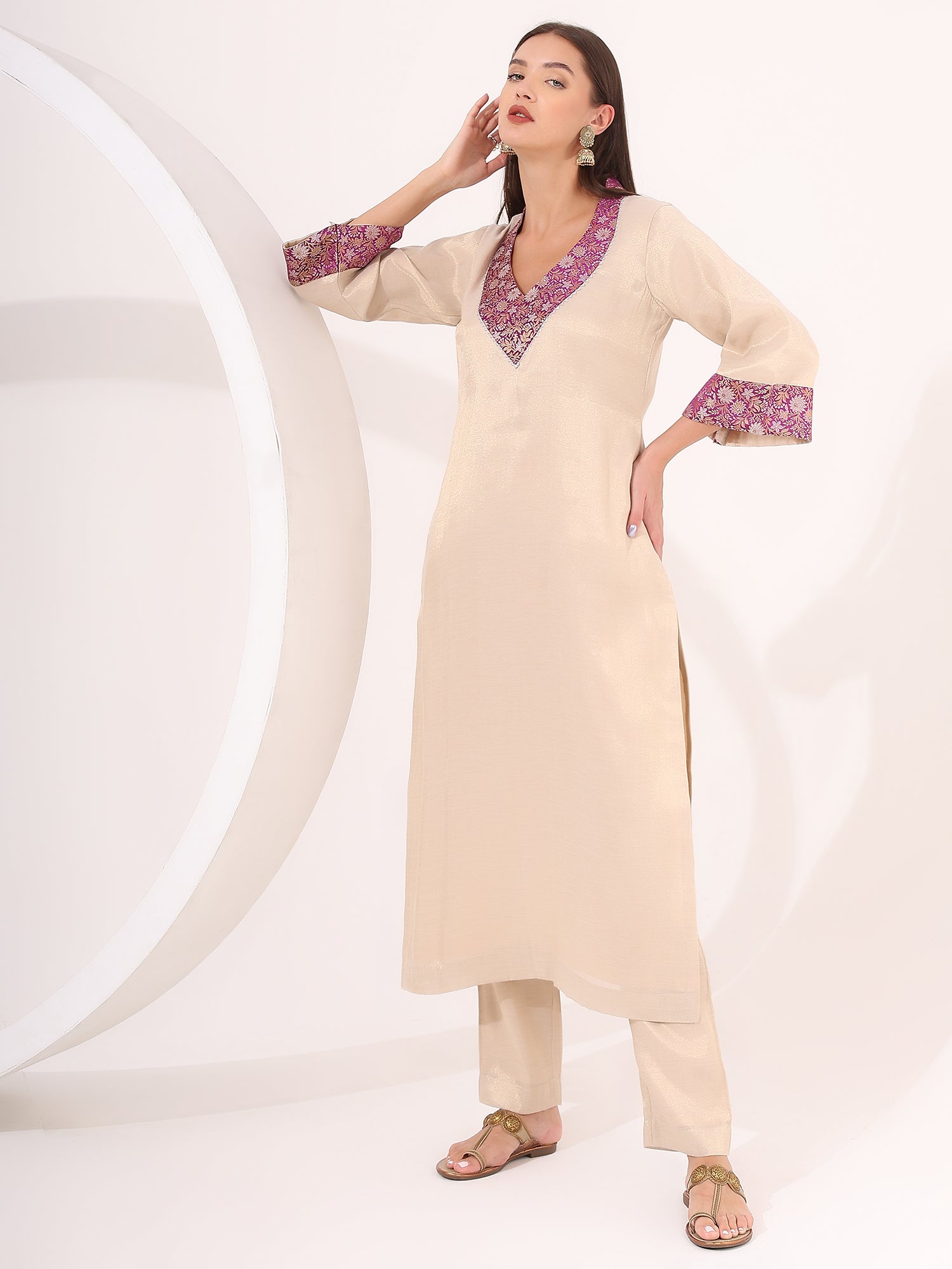 Golden Tissue Straight Kurta Set Suit With Brocade Patch Highlight - qivii
