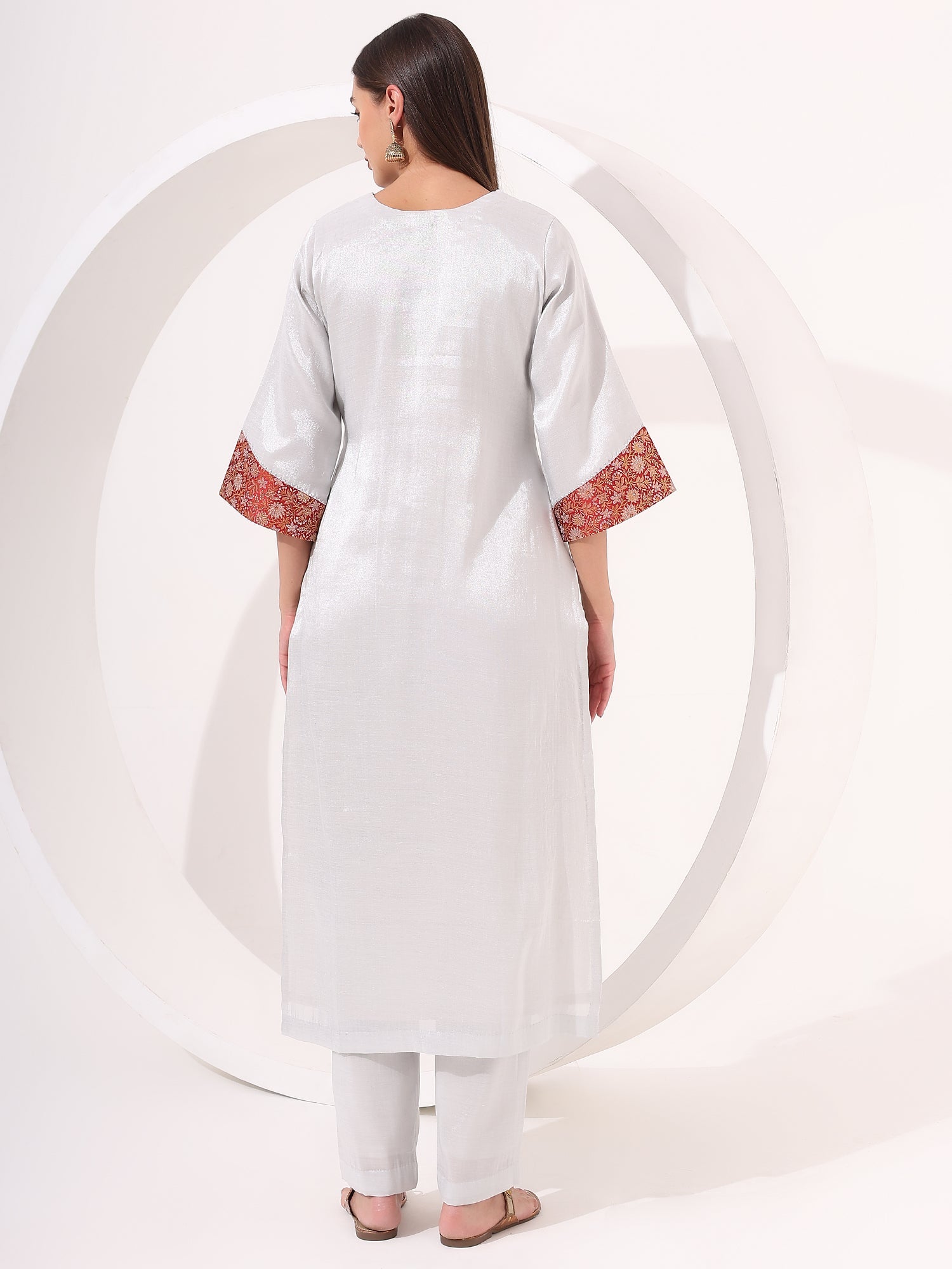 Silver Tissue Straight Kurta Set Suit With Brocade Patch Highlight - qivii