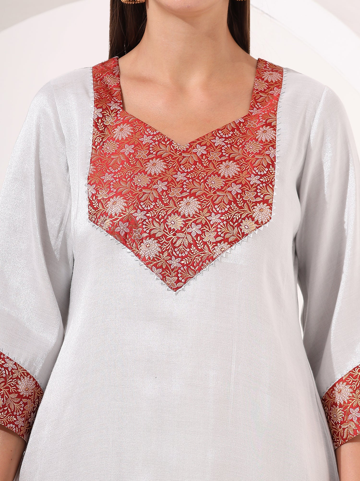 Silver Tissue Straight Kurta Set Suit With Brocade Patch Highlight - qivii