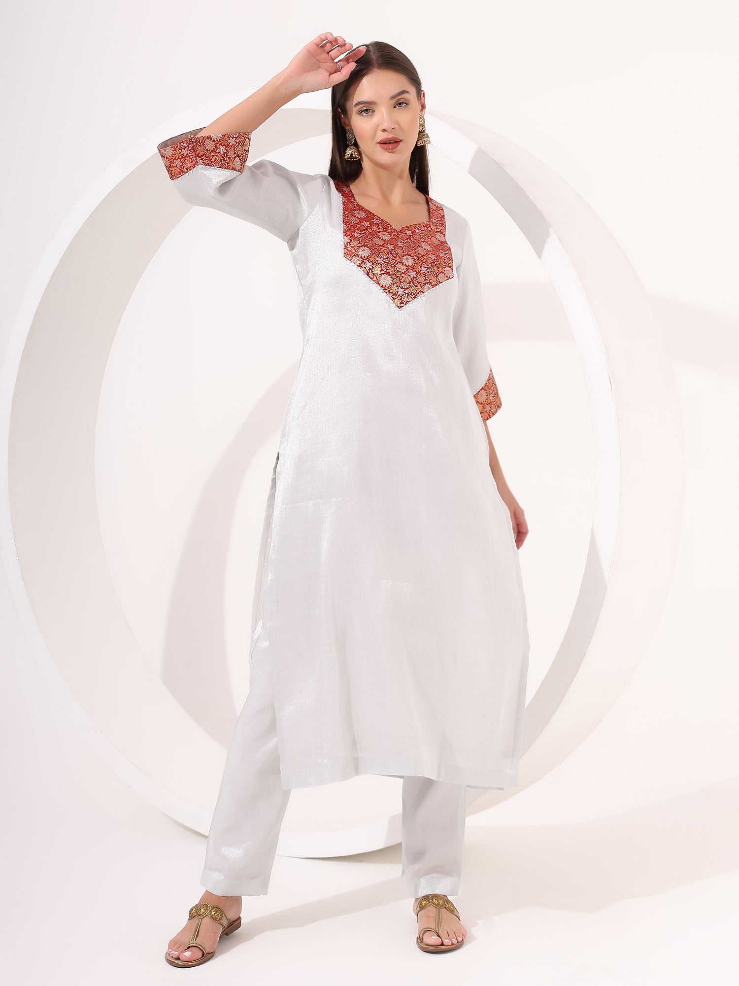 Silver Tissue Straight Kurta Set Suit With Brocade Patch Highlight - qivii