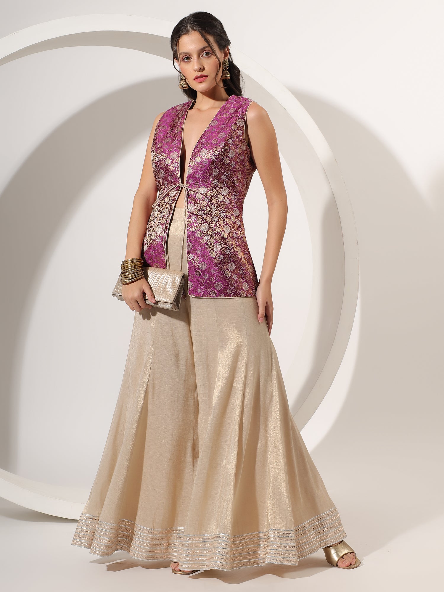 Golden Tissue Sharara with gota work and Brocade Designer long top - qivii