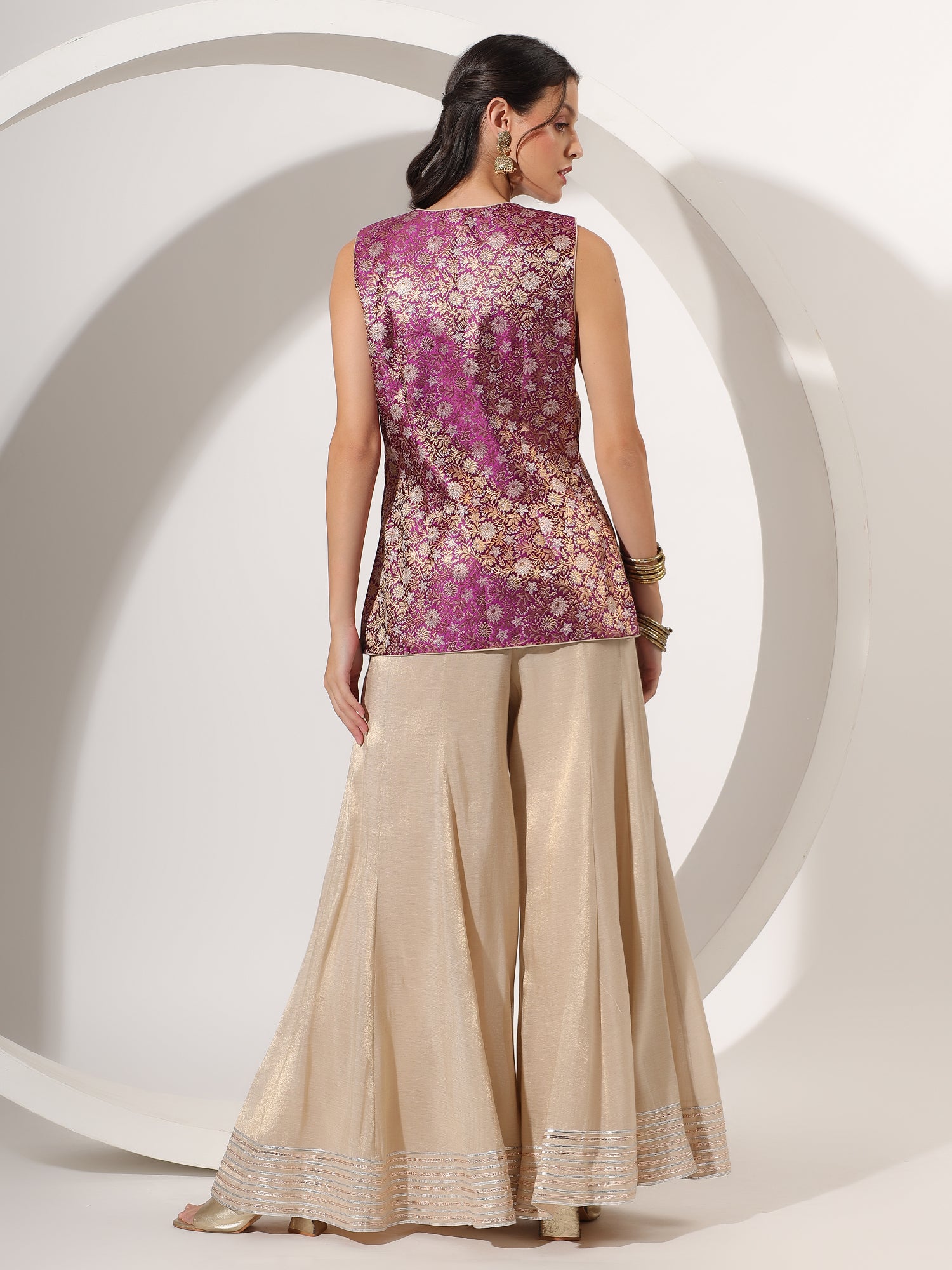 Golden Tissue Sharara with gota work and Brocade Designer long top - qivii