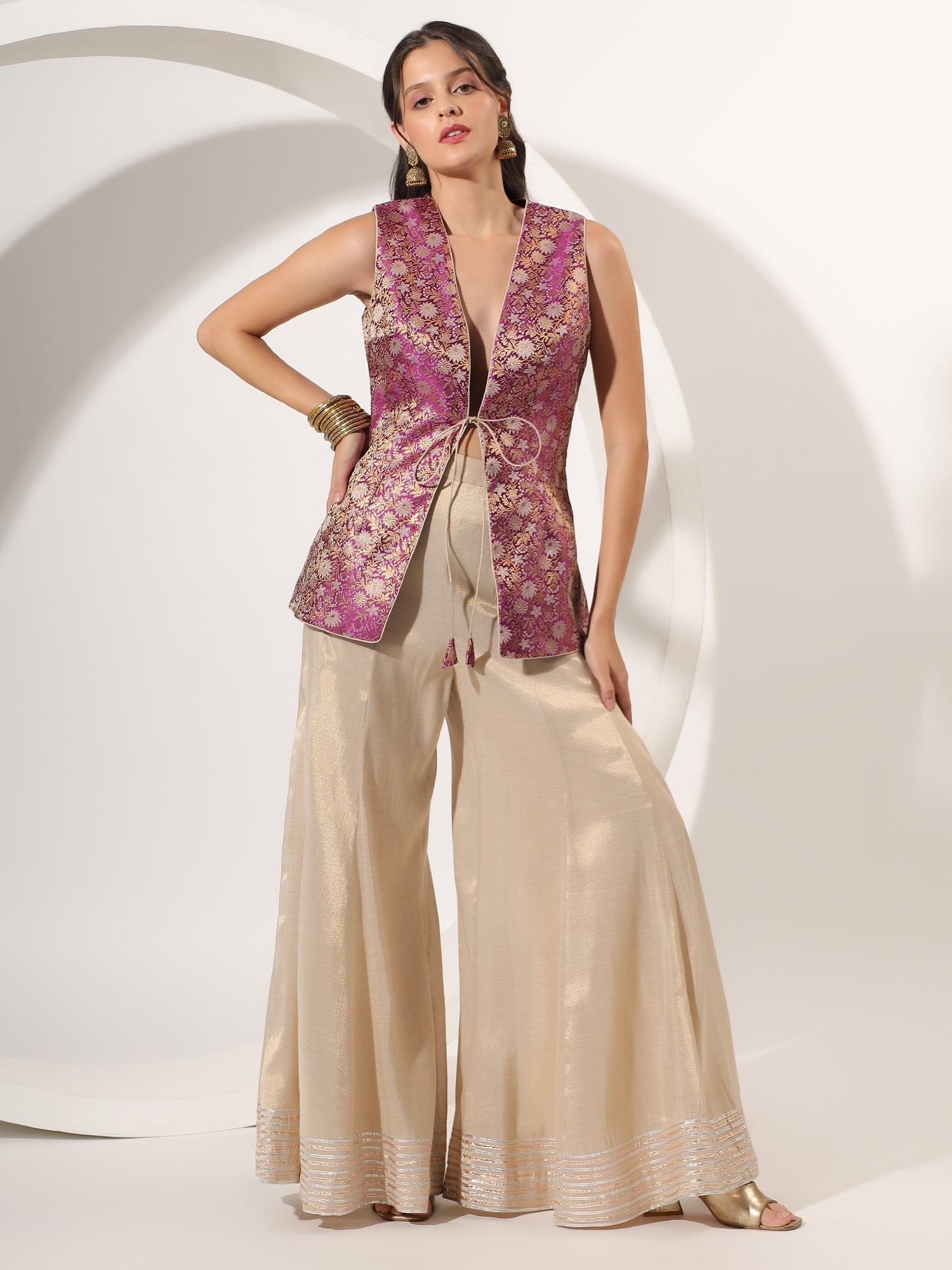 Golden Tissue Sharara with gota work and Brocade Designer long top - qivii