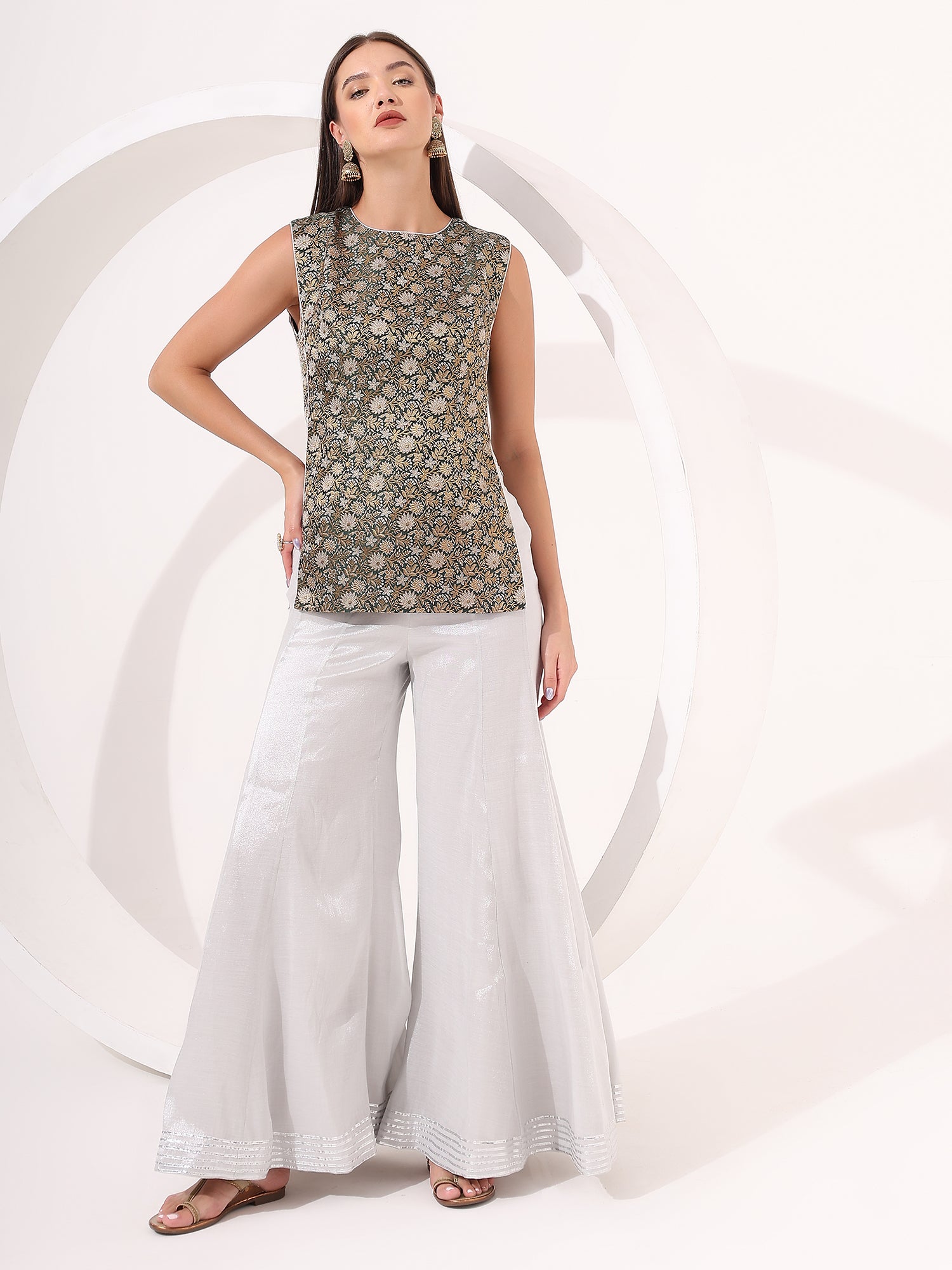 Silver Tissue Skirt With Brocade Designer Blouse - qivii