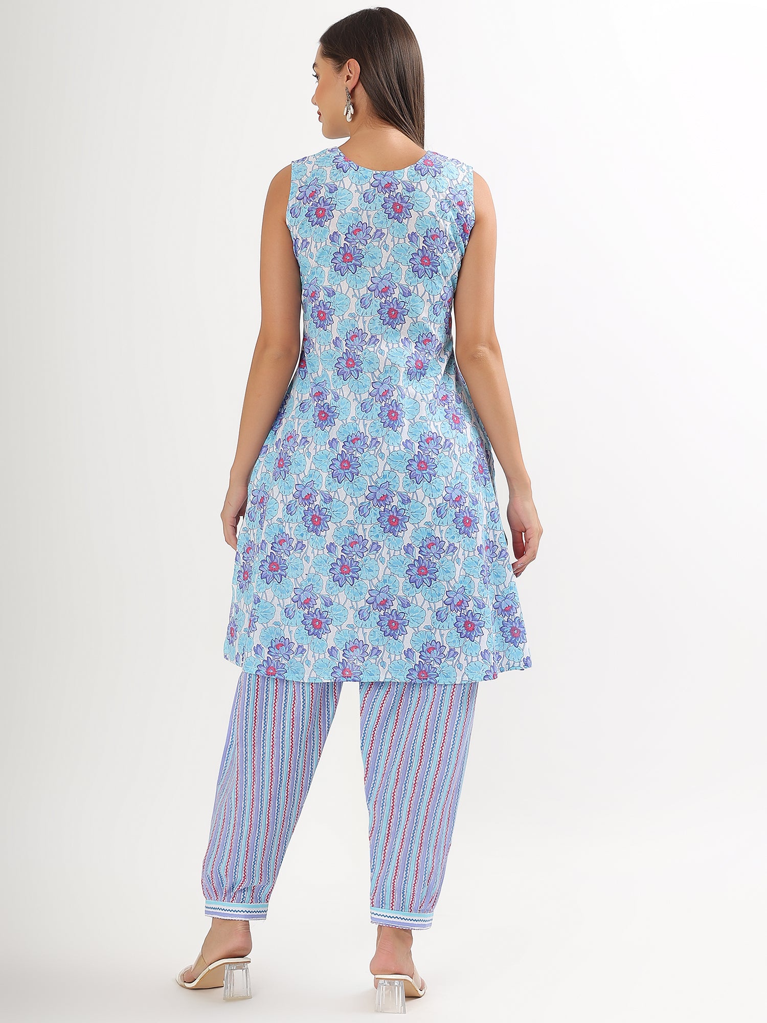 Blue Floral Cotton Kurta Salwar - qivii