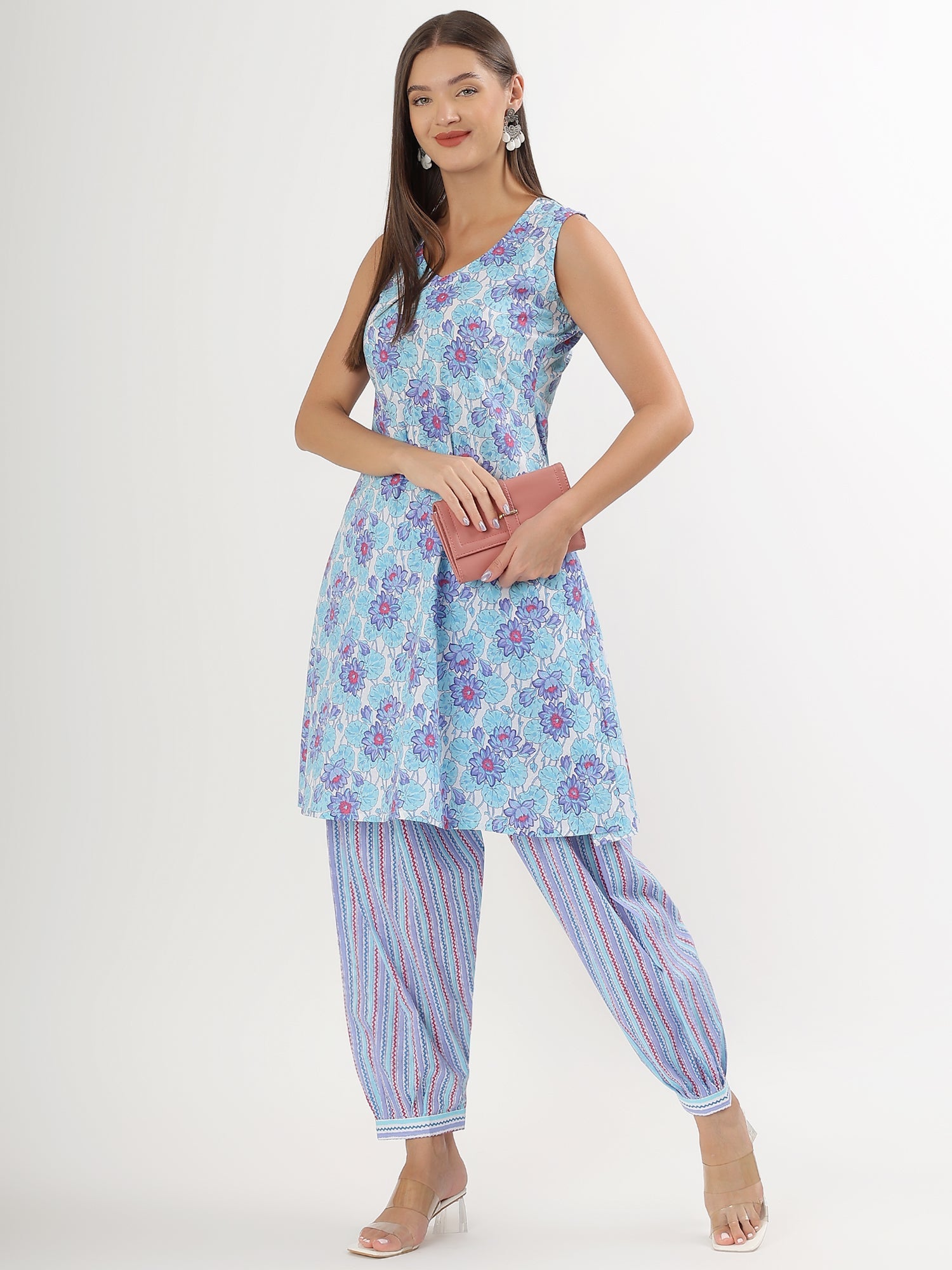 Blue Floral Cotton Kurta Salwar - qivii