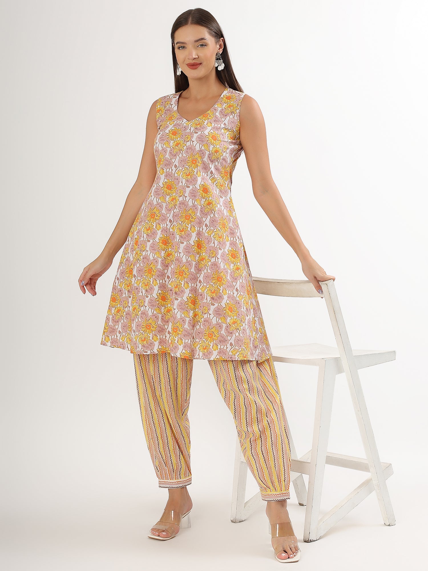 Yellow Floral A-line Kurta Salwar - qivii