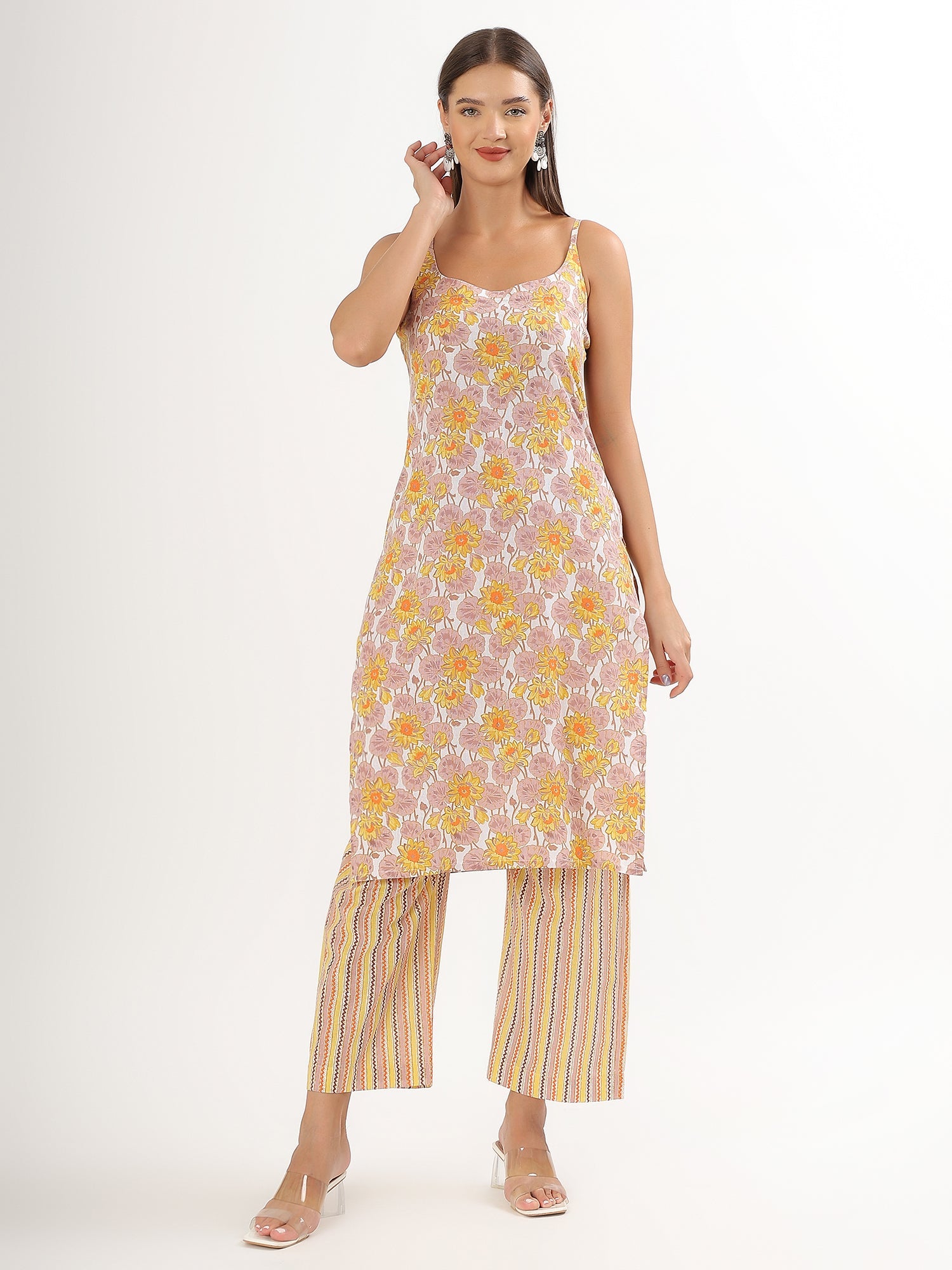 Yellow Floral Straight Kurta Pant - qivii