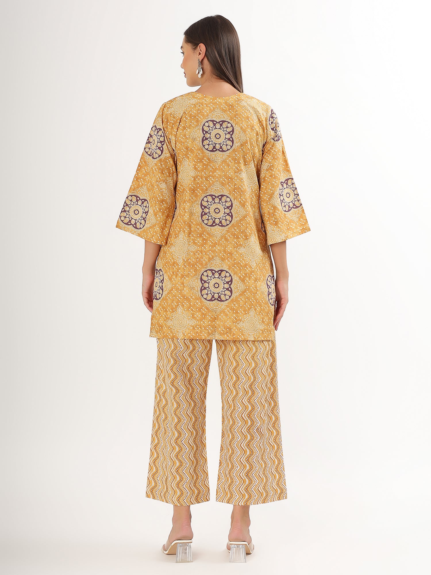 Yellow Floral Short Kurta Pant Co-ord Set - qivii