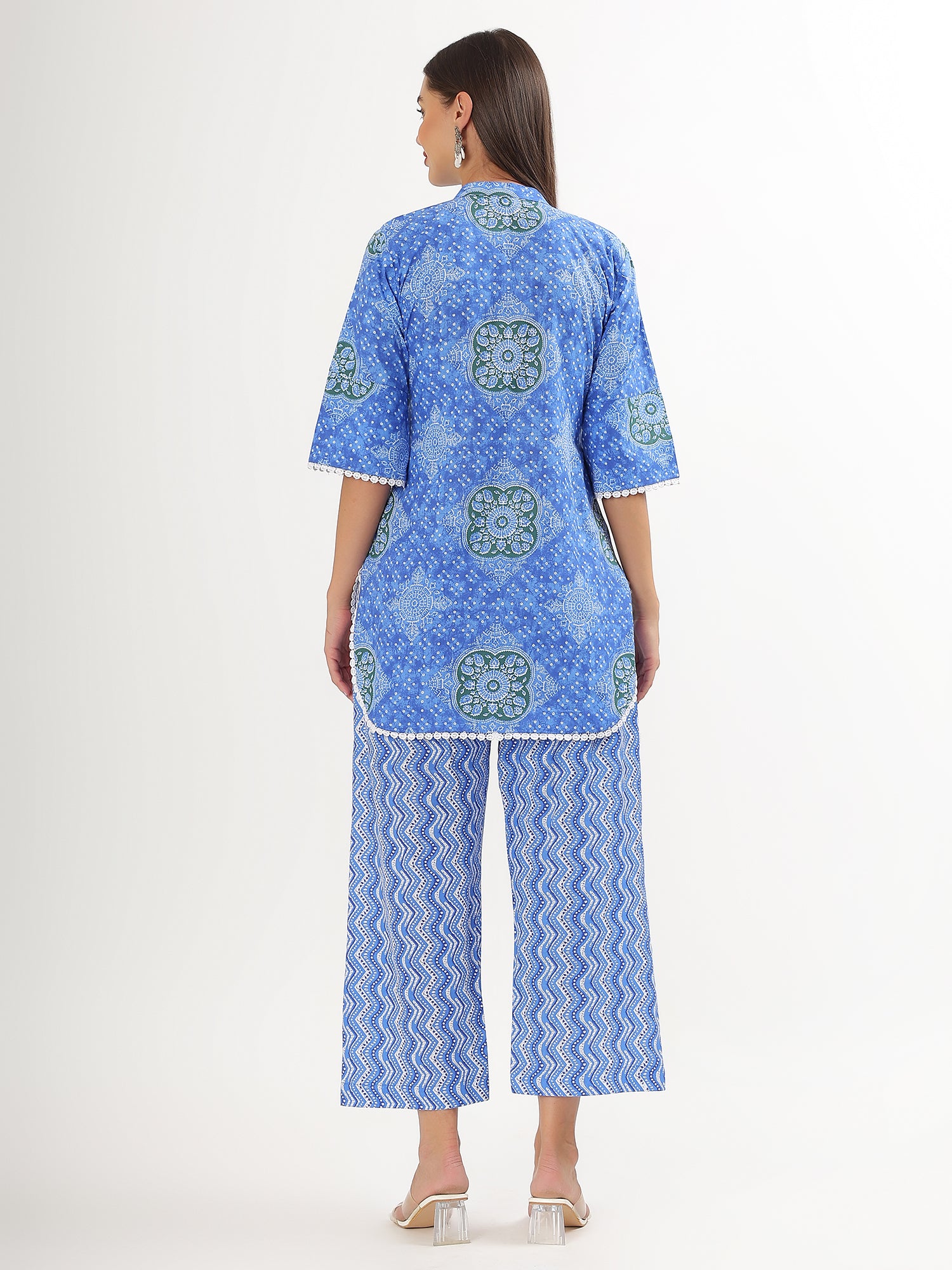 Blue Floral Short Kurta Pant Co-ord Set - qivii