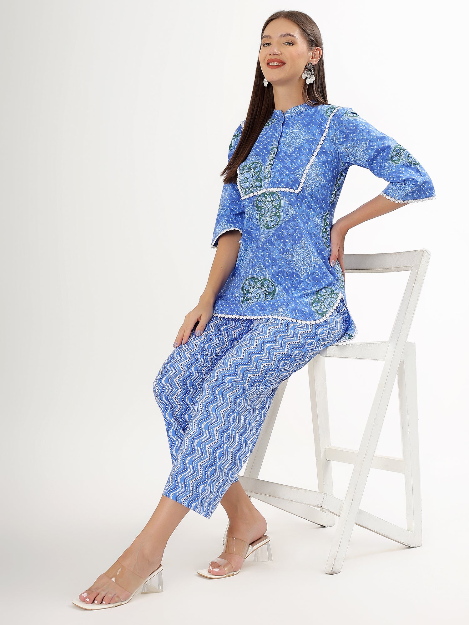 Blue Floral Short Kurta Pant Co-ord Set - qivii