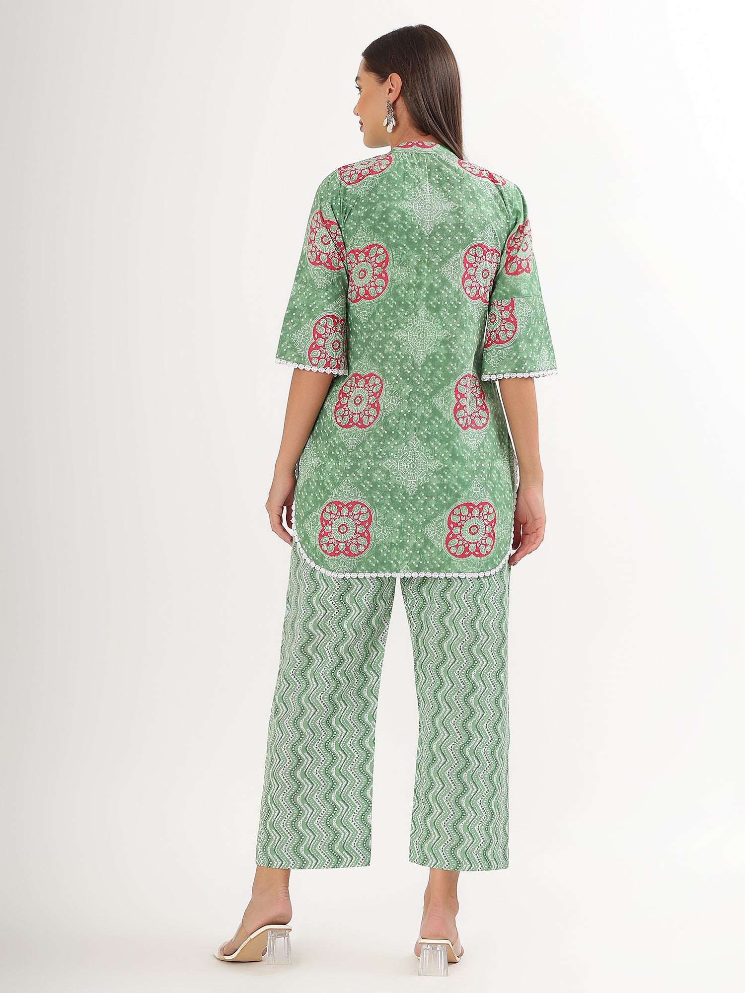 Green Floral Short Kurta Pant Co-ord Set - qivii