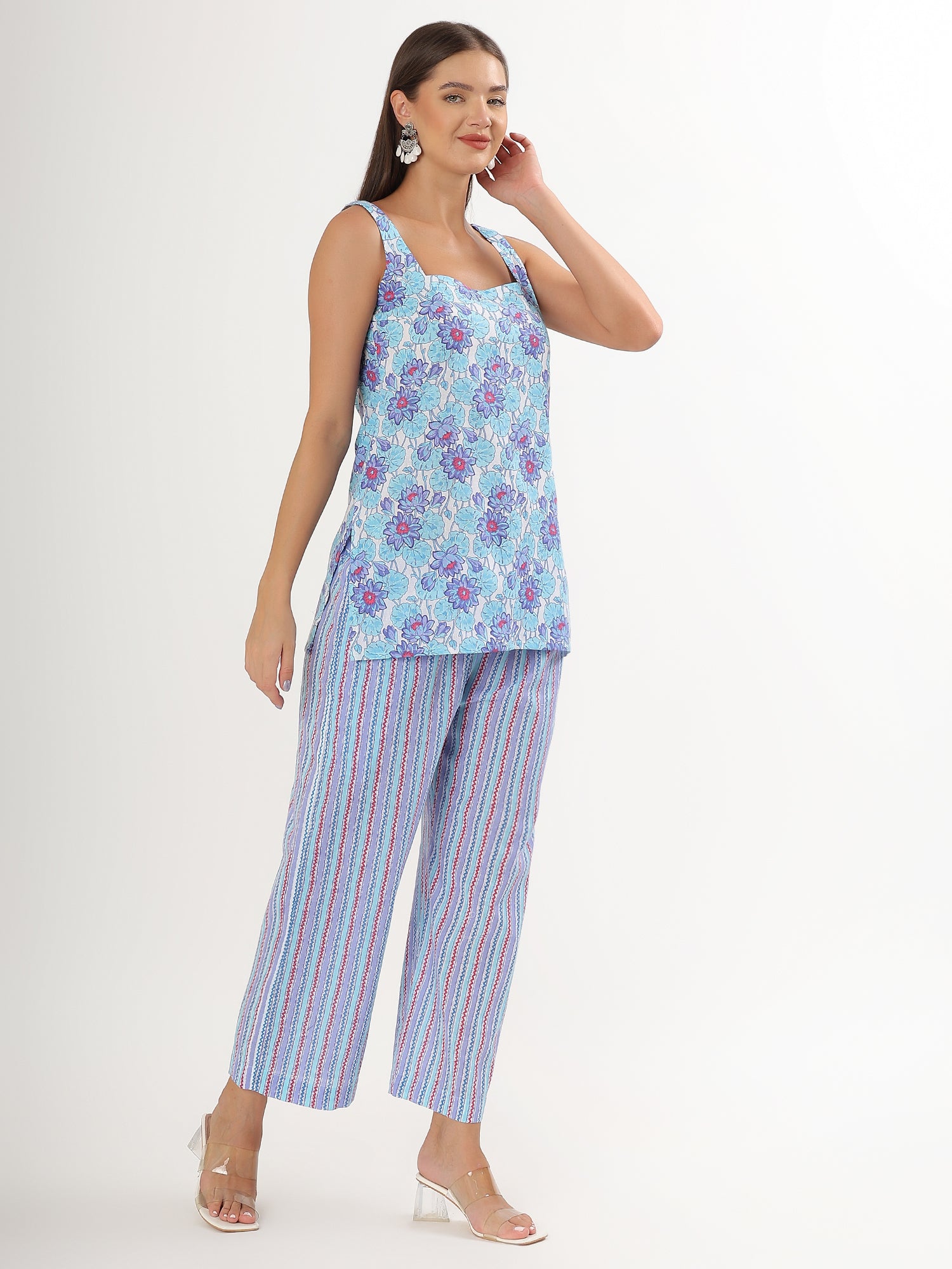 Blue Floral Short Kurta with Pant - qivii