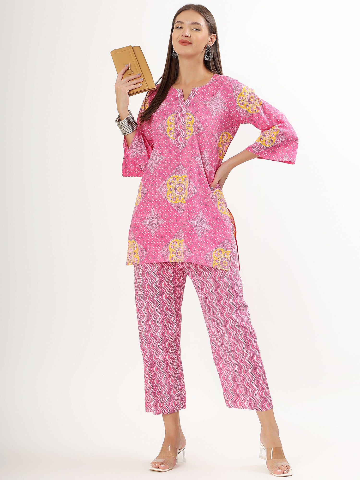 Pink Floral A-line Kurta with Salwar - qivii