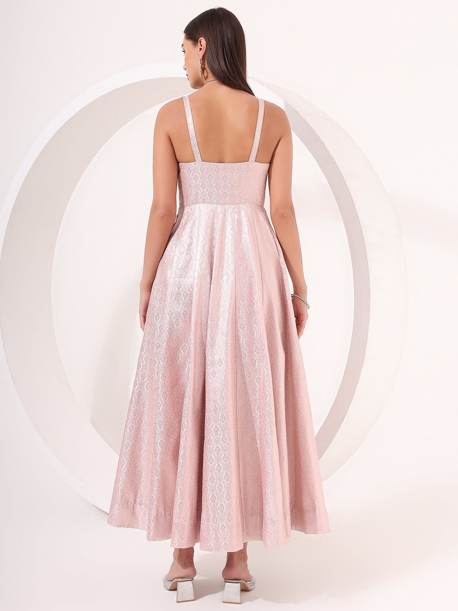 Baby Pink Silver Brocade Anarkali Gown - qivii