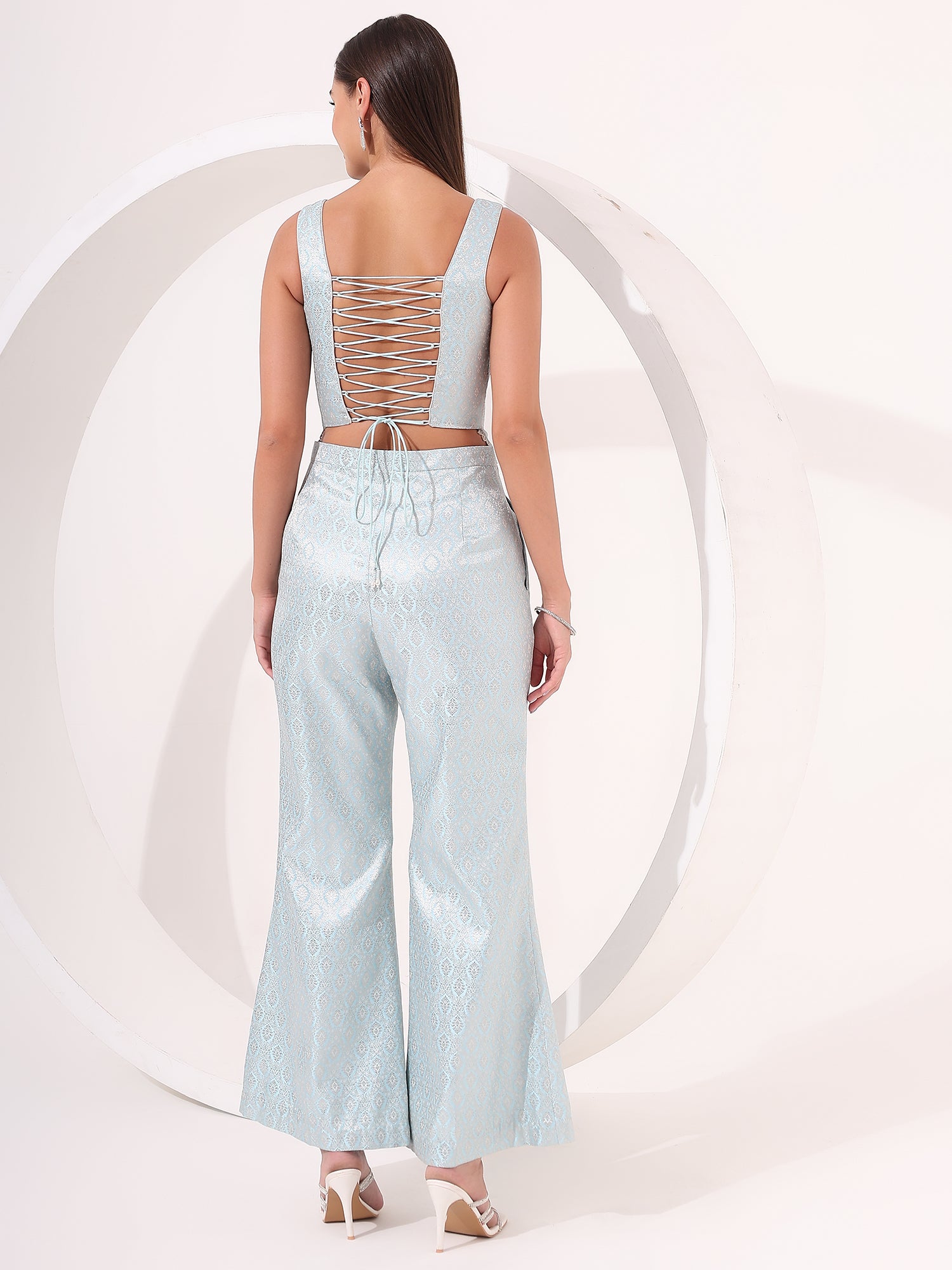 Ice-Blue Brocase Co-ord Set - qivii