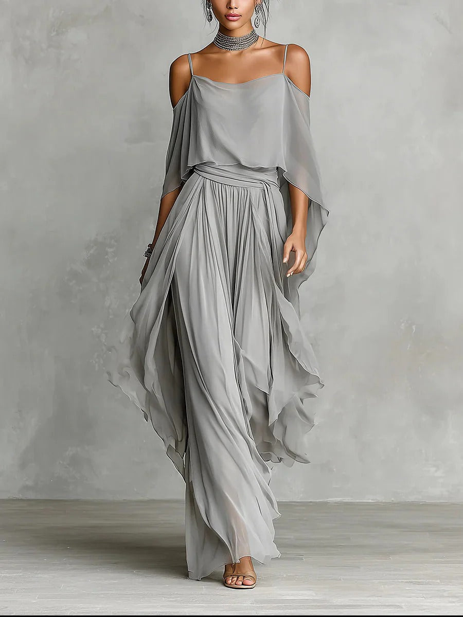Isabela | Gray fluid set with spaghetti strap top and lightweight pants by Qivii