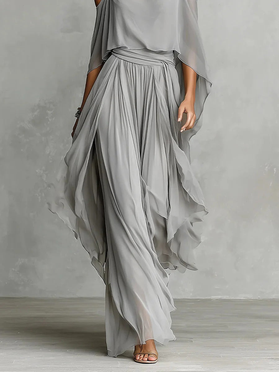 Isabela | Gray fluid set with spaghetti strap top and lightweight pants by Qivii