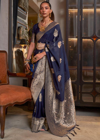 Indigo Blue Woven Khaddi Georgette Silk Saree | Stitched Blouse - qivii