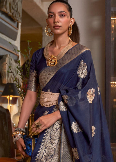 Indigo Blue Woven Khaddi Georgette Silk Saree | Stitched Blouse - qivii