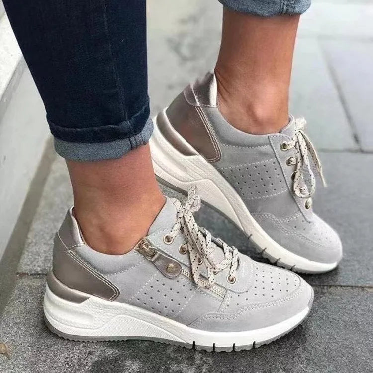 Gray women's orthopedic walking sneakers from Hudson Ridge, featuring supportive design and comfortable fit for everyday walking.