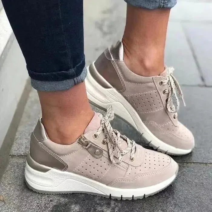 Khaki women's orthopedic walking sneakers by Hudson Ridge with cushioned soles and supportive design for comfortable walking.