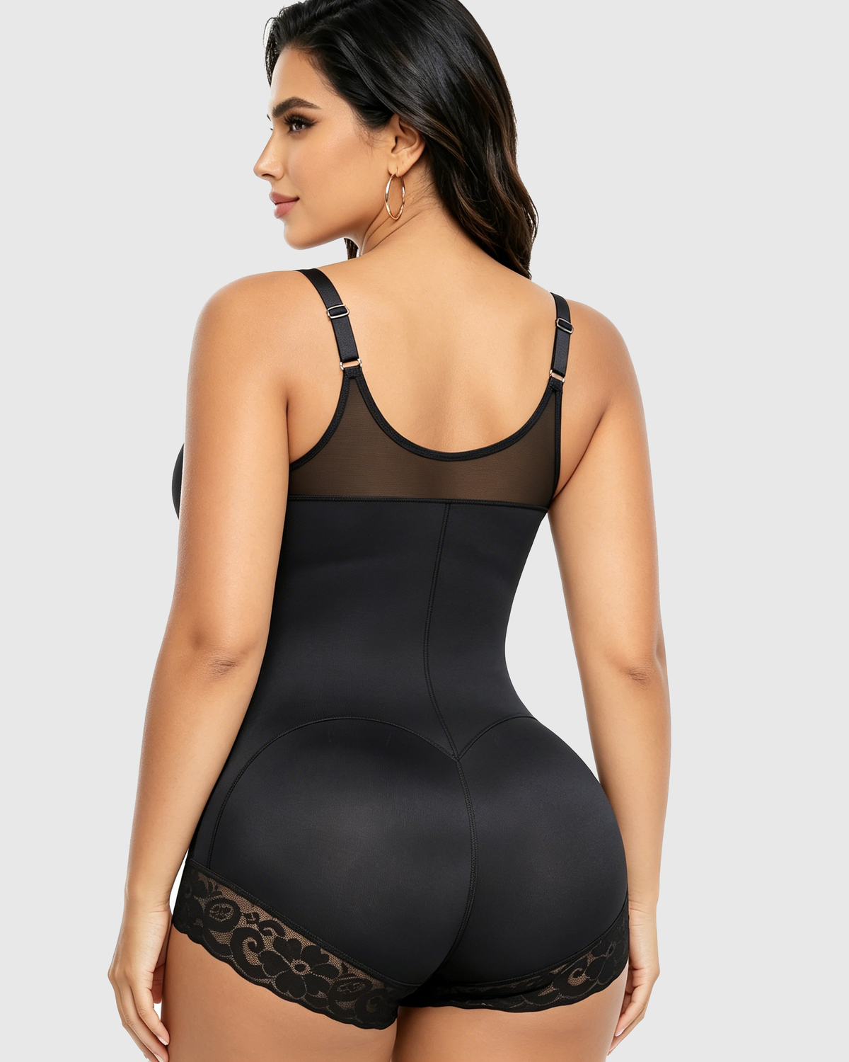 Lace Trim Adjustable Strap Tummy Control Butt Lifting Zipper Bodysuit