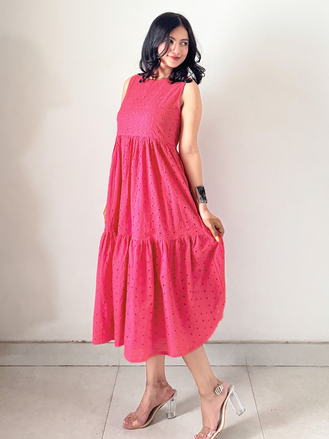 Janasya Women's Pink Pure Cotton Schiffli Tiered Dress - qivii