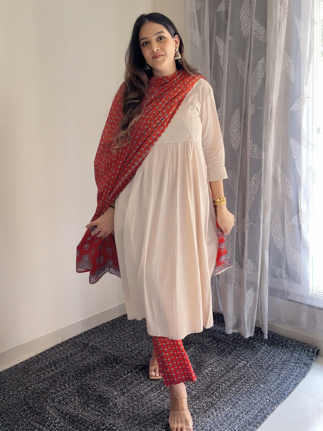 Beige Pure Cotton Floral Printed A-line Kurta Set - qivii