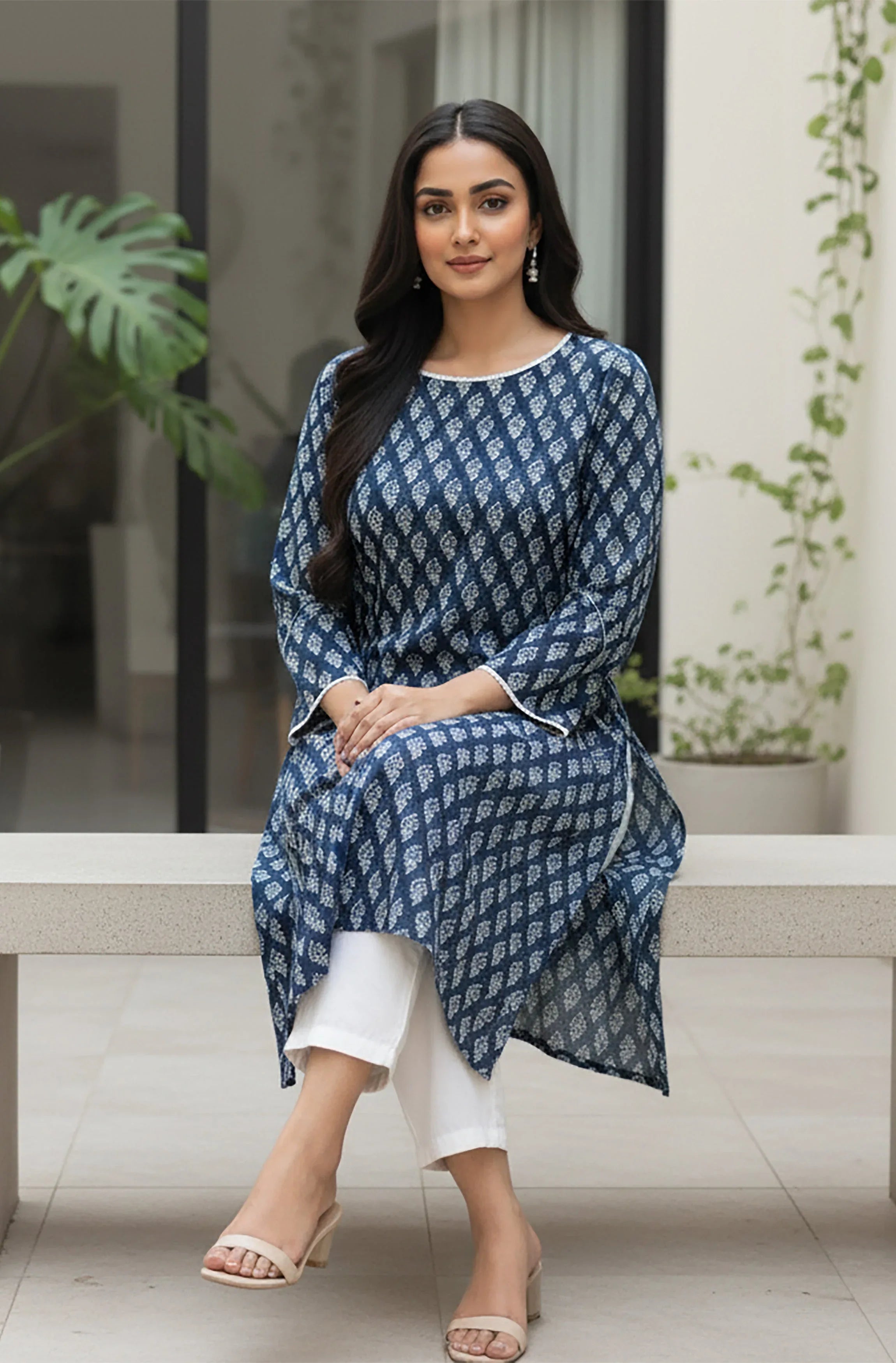 Janasya Women's Indigo Pure Cotton Batik Printed Straight Tunic