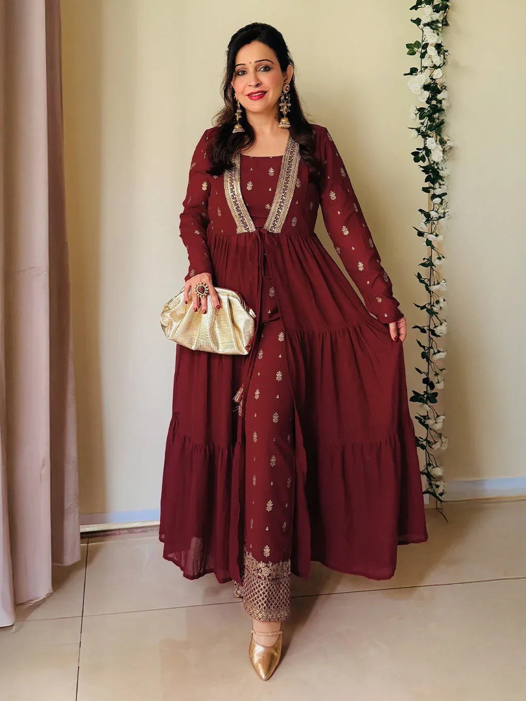 Janasya Women's Maroon Georgette Embellished Foil Printed Front-open Tiered Kurta Pant Set