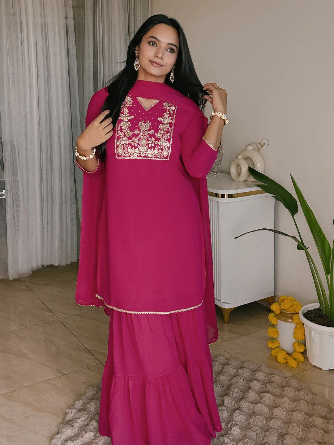 Janasya Women's Pink Georgette Embroidered Straight Kurta With Sharara & Dupatta Set