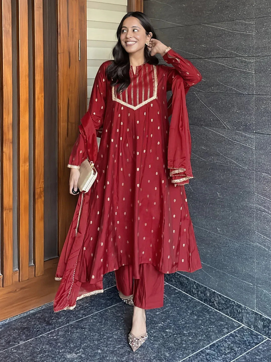Janasya Women's Maroon Chanderi Silk Embellished Gold Printed Anarkali Kurta Set