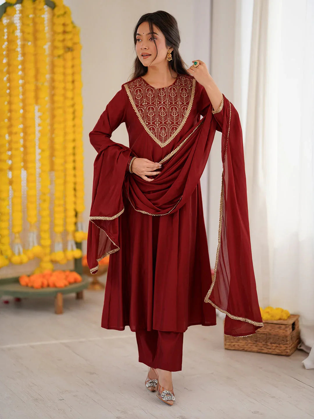 Janasya Women's Maroon Chanderi Silk Embroidered Anarkali Kurta Set