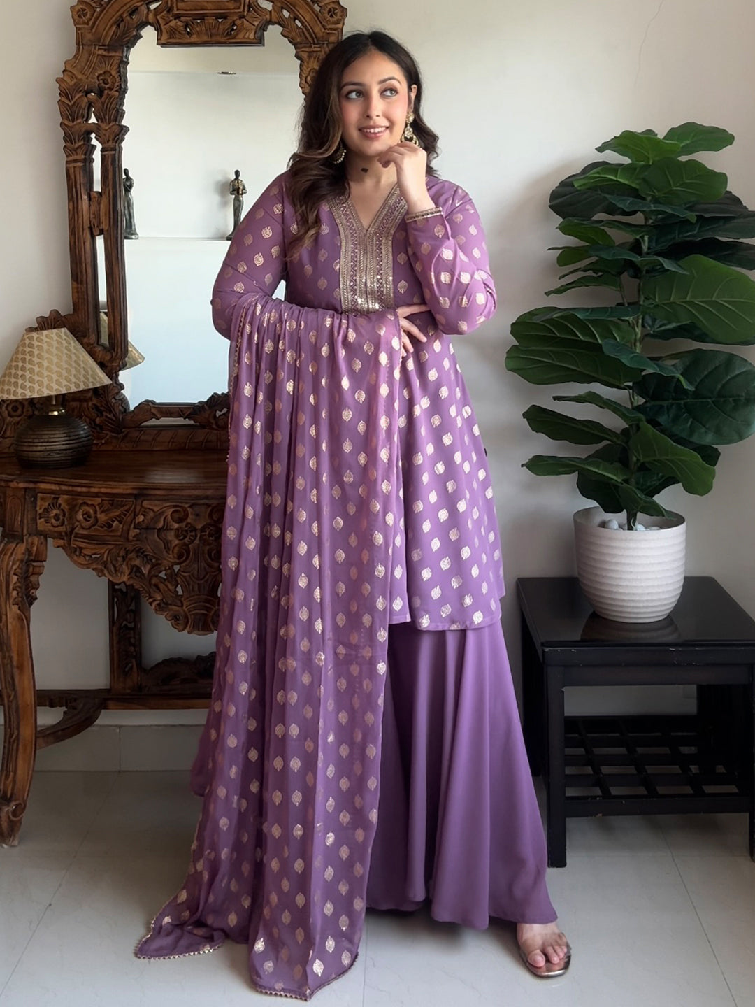 Janasya Women's Purple Georgette Embellished Gold Printed A-line Kurta With Sharara & Dupatta Set - qivii