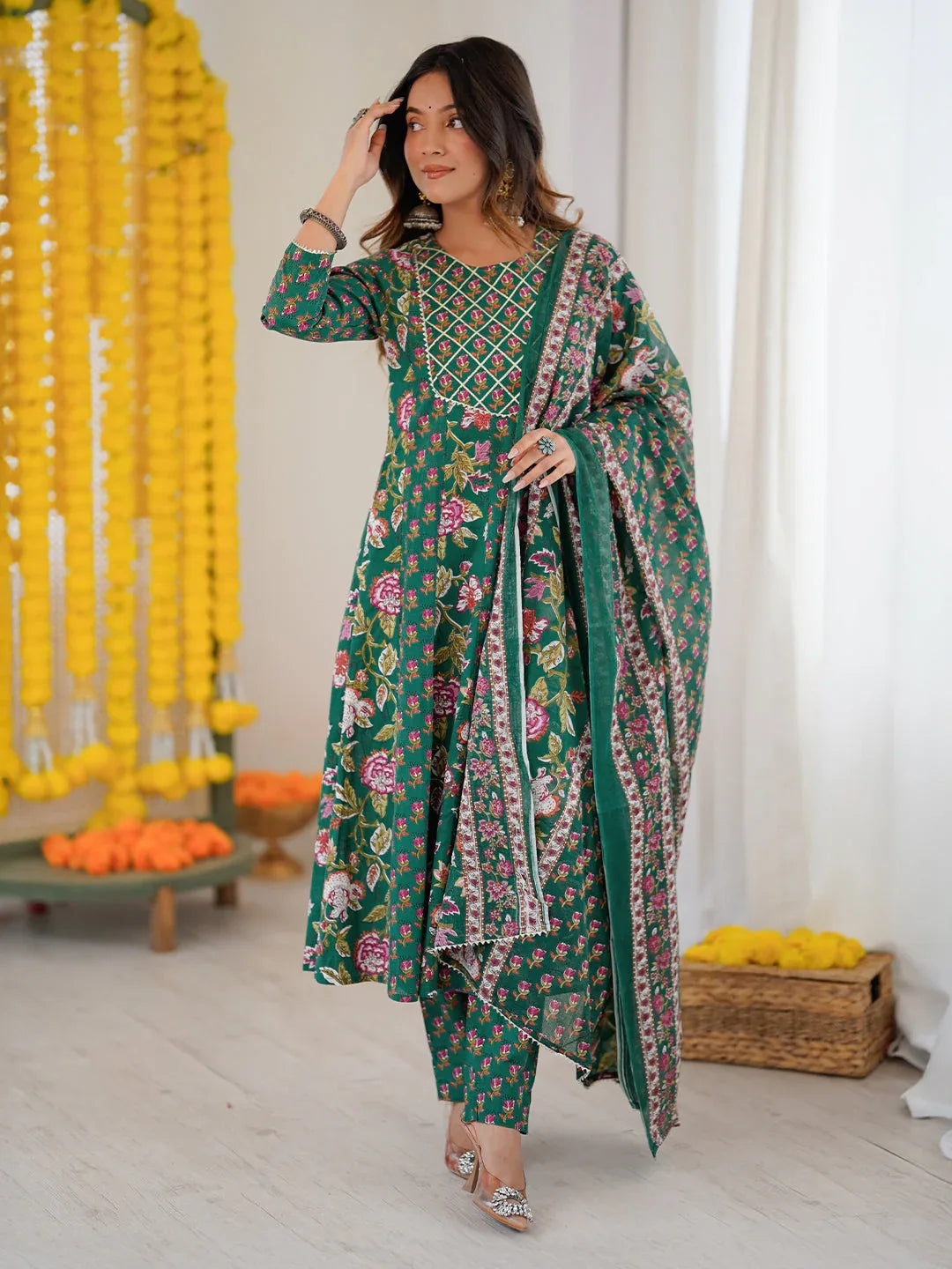 Janasya Women's Green Pure Cotton Floral Printed Yoke Design Anarkali Kurta Set