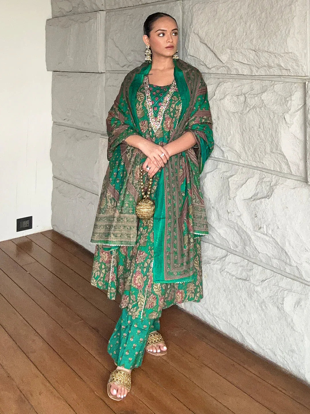 Janasya Women's Dark Green Pure Cotton Floral Printed Yoke Embroidered A-line Kurta Set