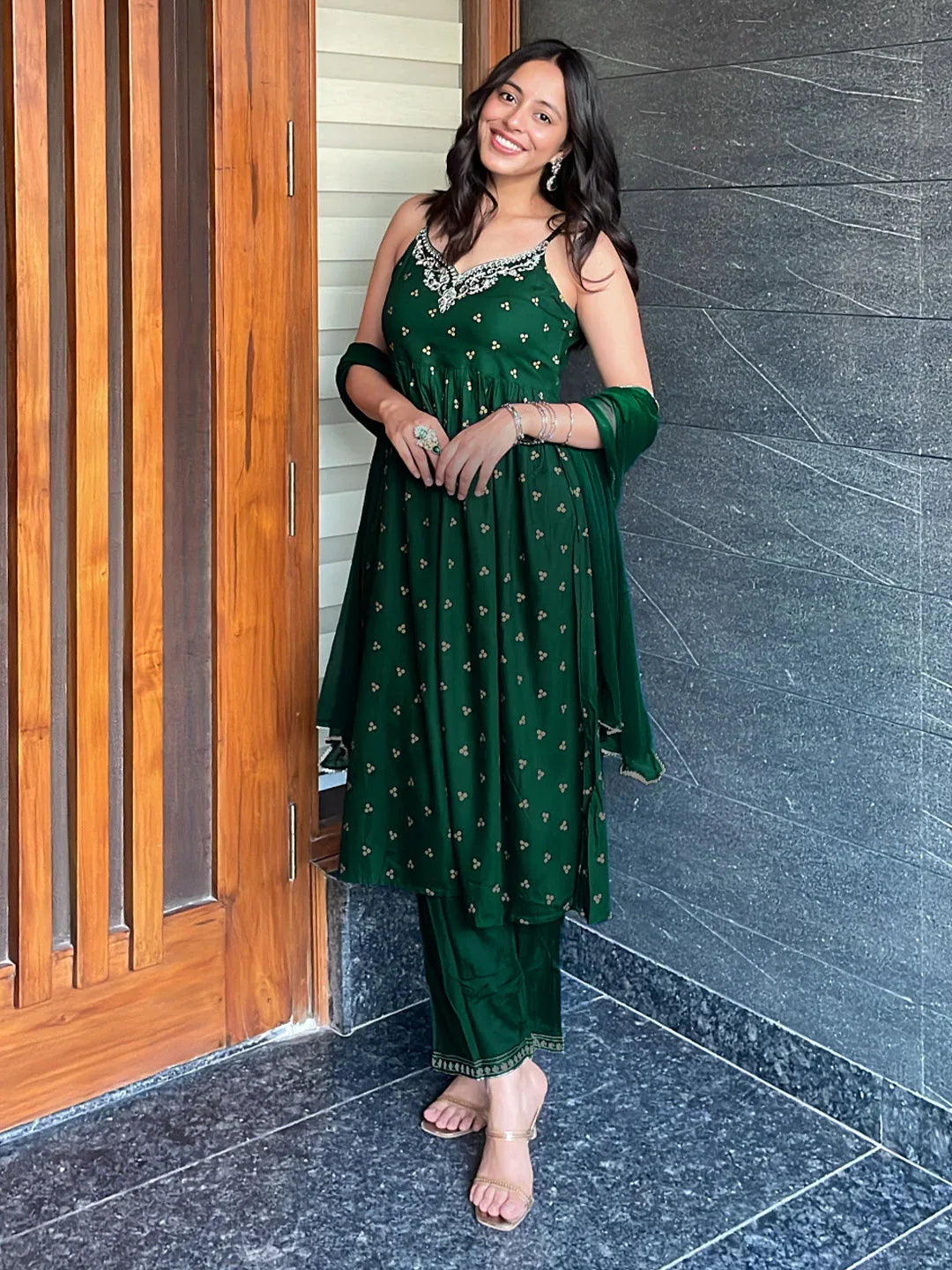 Janasya Women's Dark Green Rayon Yoke Embroidered Gold Printed A-line Kurta Set