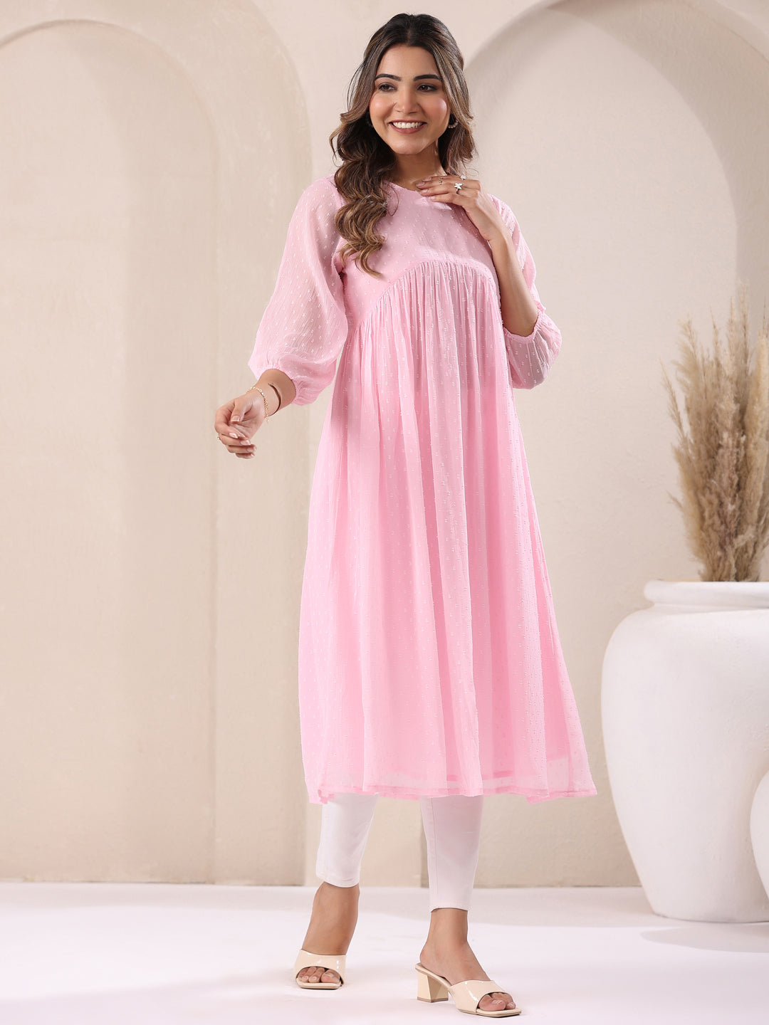 Baby Pink Dobby Chiffon Self Design A-Line Kurta - qivii