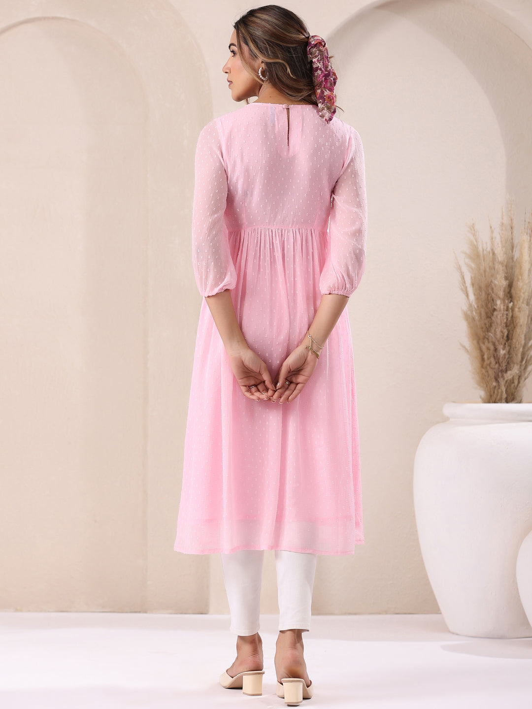 Baby Pink Dobby Chiffon Self Design A-Line Kurta - qivii