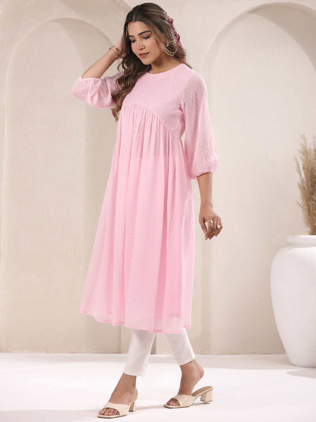 Baby Pink Dobby Chiffon Self Design A-Line Kurta - qivii