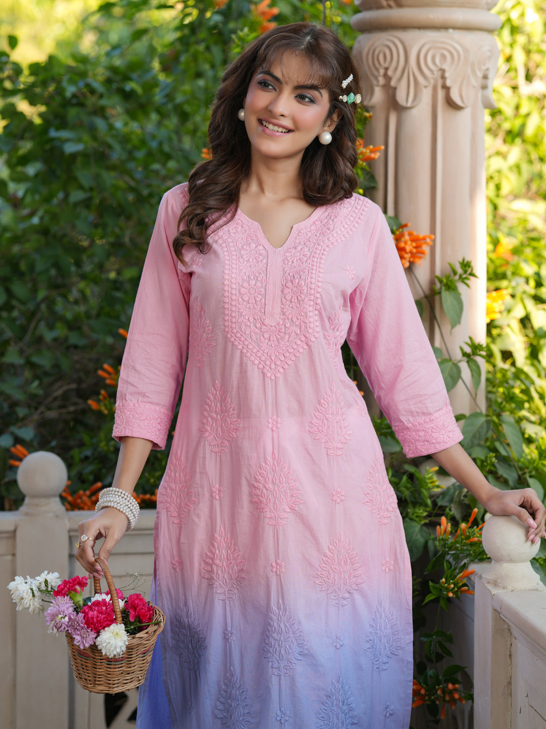 Baby Pink Ombre Pure Cotton Chikankari Embroidered Straight Kurta - qivii