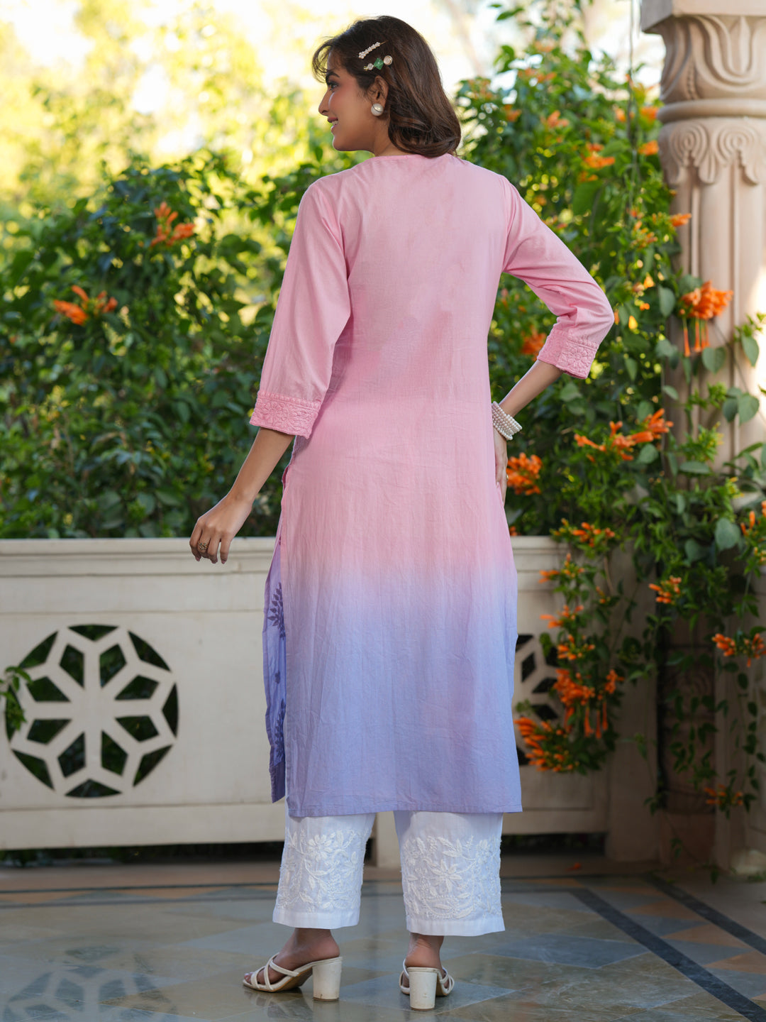 Baby Pink Ombre Pure Cotton Chikankari Embroidered Straight Kurta - qivii