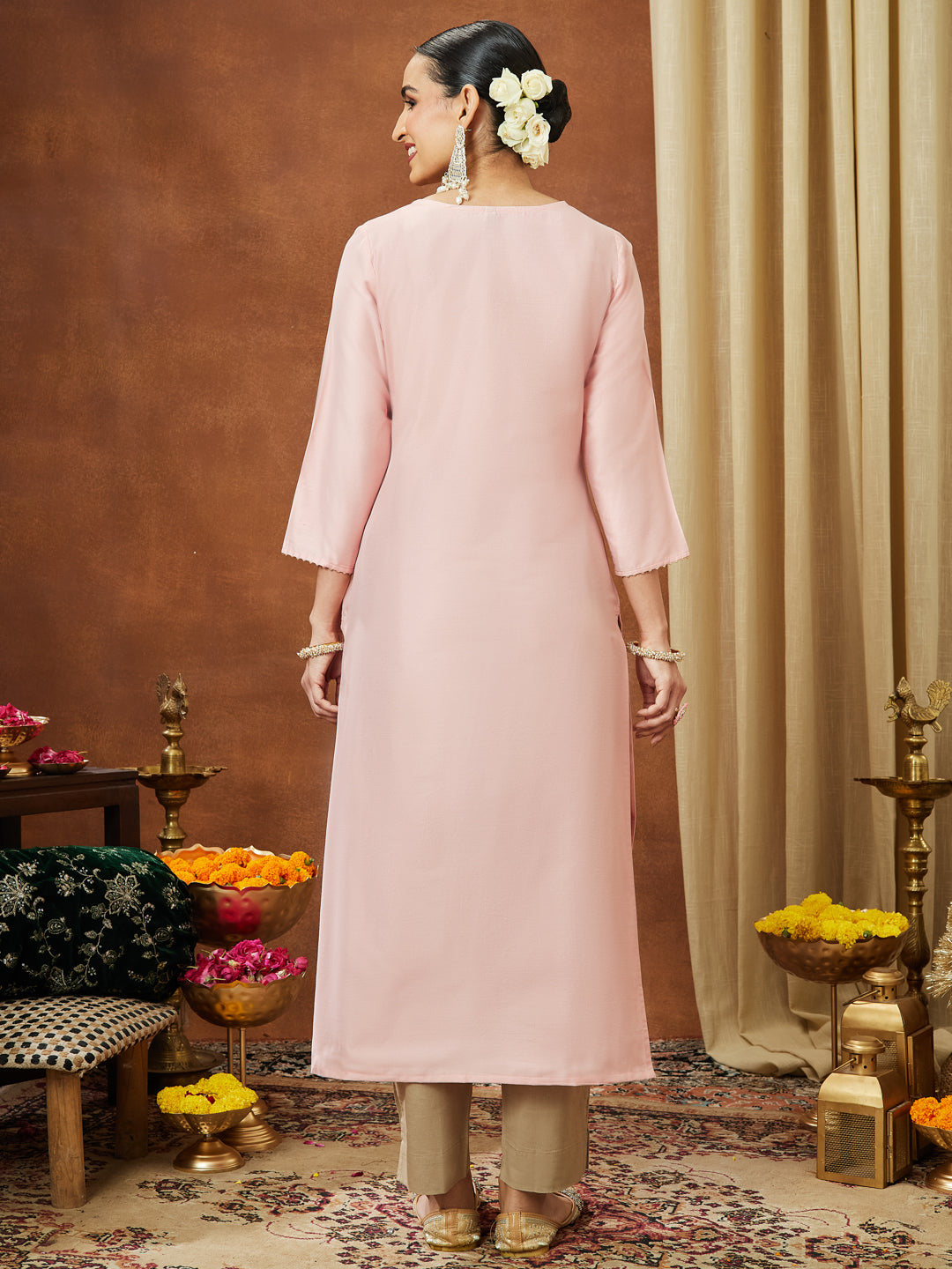 Janasya Women's Light Pink Chanderi Silk Yoke Embroidered Straight Kurta - qivii